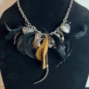 Zevar by Treska Feathers Silver Hearts & Boots Statement Necklace
